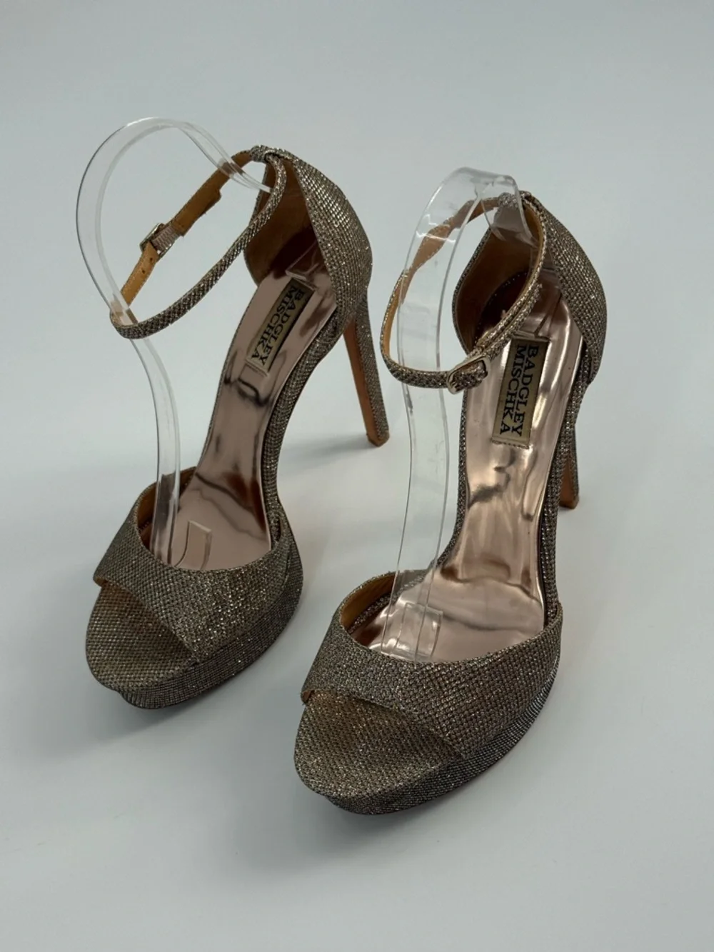 Badgley Mischka Gold Glitter Platform Stiletto Heels Ankle Strap Evening SZ 9